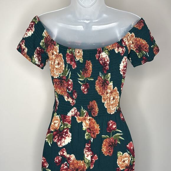 XHILARATION Women’s Dark Green Floral Off Shoulder Maxi Dress Slit and Pockets - Picture 6 of 8